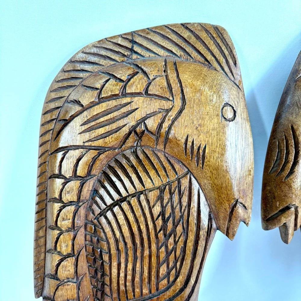 Vintage 70's Hand Carved Wood Wall Art Brown Pair Face Fish Tribal Folk Art MCM
